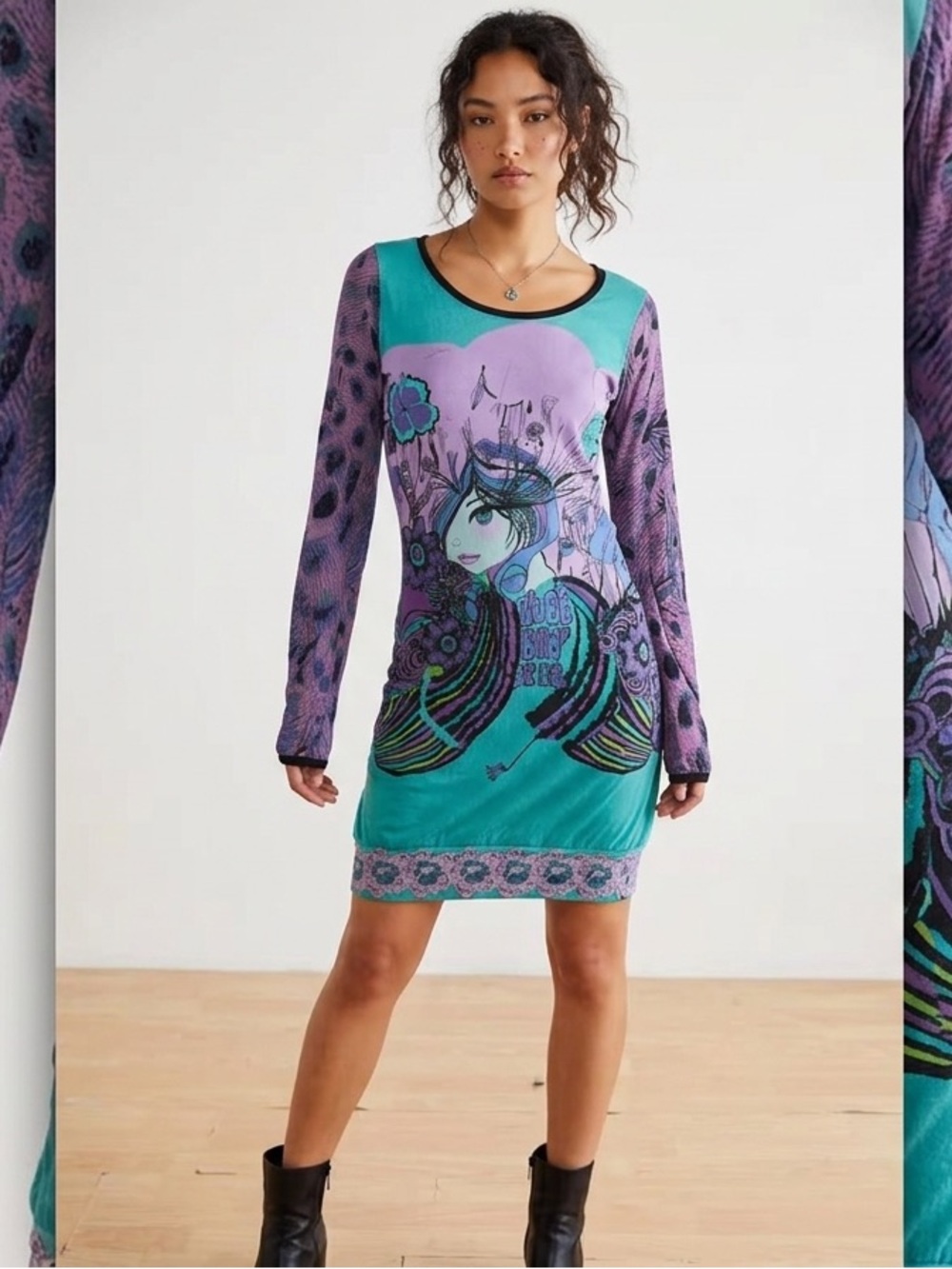CUSTO BARCELONA Y2K Long Sleeve Mini dress Doll Print Blue Purple Size 3 Or M X7